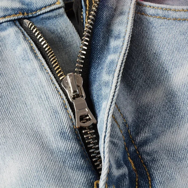 High Street Jeans Patch Hand-worn Holes Slim Skinny Jeans for Men PlatiNum