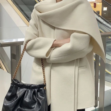 Scarf Collar 100%Wool Coat Women, Korean Fashion Elegant Outerwear, Loose Autumn Winter Jacket