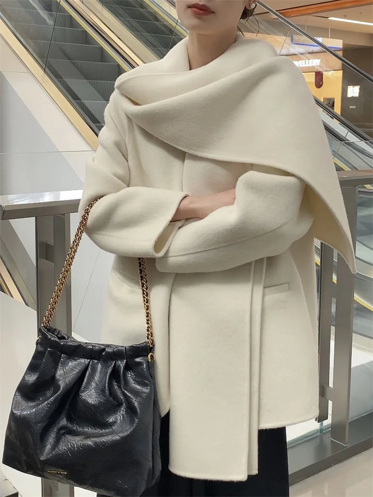 Scarf Collar 100%Wool Coat Women, Korean Fashion Elegant Outerwear, Loose Autumn Winter Jacket