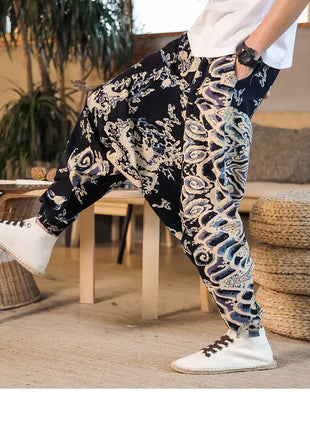 Pantaloni Harem da Uomo 2026 Stile Retrò con Stampa, Pantaloni Jogger Larghi e Comodi con Cavallo Ribassato, Stile Nepal Oversize, Pantaloni Casual da Uomo con Cavallo Ribassato
