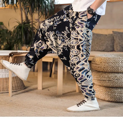 Pantaloni Harem da Uomo 2026 Stile Retrò con Stampa, Pantaloni Jogger Larghi e Comodi con Cavallo Ribassato, Stile Nepal Oversize, Pantaloni Casual da Uomo con Cavallo Ribassato