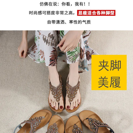 New 2026 Women's Summer Bohemian Style Sandals, Flip-Flop Design with Beaded and Rhinestone Buckle, Elastic Heel Strap, Comfortable Everyday Shoes