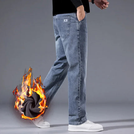 Business Casual Stretch Denim Pants Work Velvet Flocking Trousers High Quality Men's Winter Warm Fleece Lined Thicken Jeans