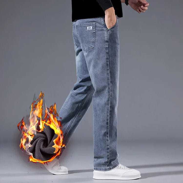 Business Casual Stretch Denim Pants Work Velvet Flocking Trousers High Quality Men's Winter Warm Fleece Lined Thicken Jeans