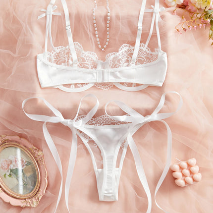 Lady Floral Embroidery Lingerie Set Women Sheer Bra and Brief Underwear Set Satin Sexy Intimates Underwear