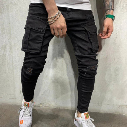 Street Elastic Jeans Men Denim Cargo Pants Wash Solid Color Multi Pockets Casual Mid Waist Trousers Slim Fit Daily Wear Joggers PlatiNum