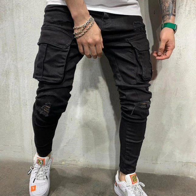 Street Elastic Jeans Men Denim Cargo Pants Wash Solid Color Multi Pockets Casual Mid Waist Trousers Slim Fit Daily Wear Joggers PlatiNum