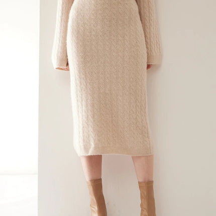Autumn Winter 100% Cashmere Skirt Women Soild Mid-calf  High Waist Twist Flower Fit Slimming Knitted Dress  Light Luxury Elegant PlatiNum