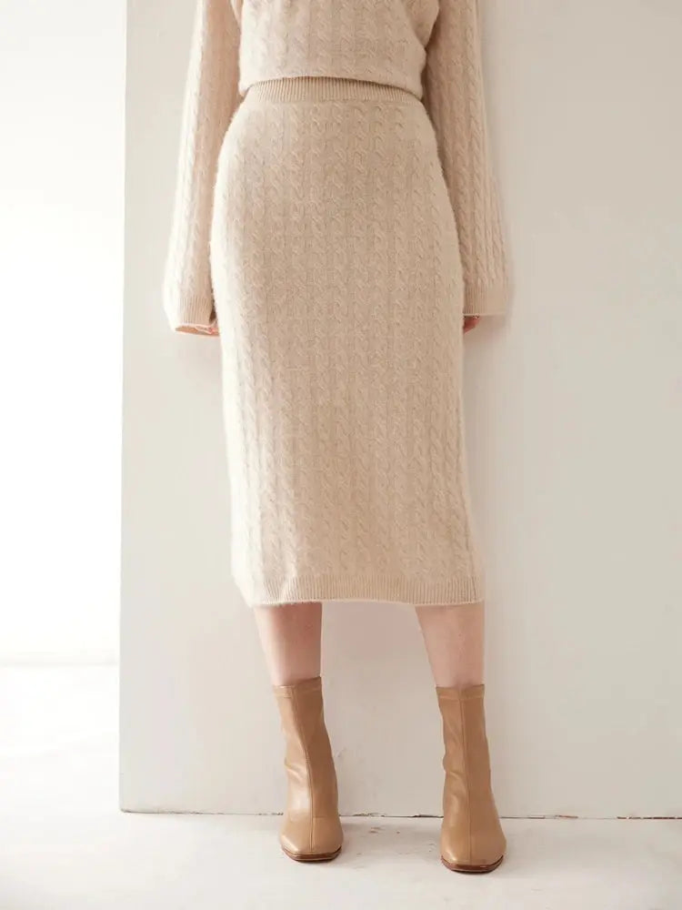 Autumn Winter 100% Cashmere Skirt Women Soild Mid-calf  High Waist Twist Flower Fit Slimming Knitted Dress  Light Luxury Elegant PlatiNum