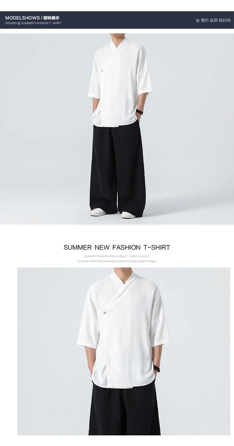 Camicie Estive 2026 da Uomo, Stile Cinese Retrò Tradizionale in Lino Traspirante, Abbigliamento Maschile per Kung Fu e Tai Chi, Bluse Casual Stile Tang