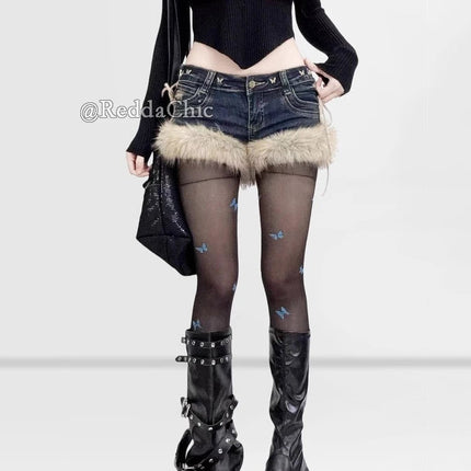 REDDACHiC Gyaru Y2k Low Rise Jean Shorts Trendy Butterfly Rivets Hollow Lace-Up Furry Cuffs Denim Shorts Retro Hot Women Bottoms PlatiNum