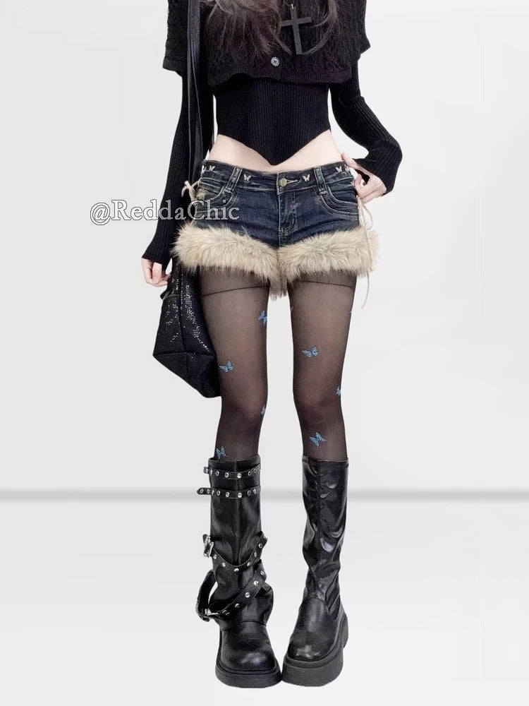 REDDACHiC Gyaru Y2k Low Rise Jean Shorts Trendy Butterfly Rivets Hollow Lace-Up Furry Cuffs Denim Shorts Retro Hot Women Bottoms PlatiNum