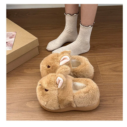 New Cute 3D Rabbit Furry Slippers Women Winter Warm Plush Closed Back House Shoes Non Slip Bunny Indoor Flip Flops Home Slipper