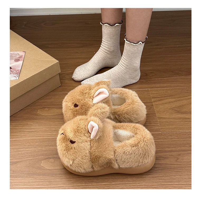New Cute 3D Rabbit Furry Slippers Women Winter Warm Plush Closed Back House Shoes Non Slip Bunny Indoor Flip Flops Home Slipper