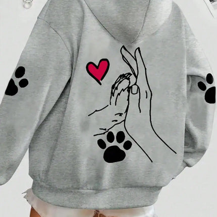 Ladies' Casual and Elegant Polyester Hoodie with Dog and Heart-Shaped Paw Prints, Hoodie, Animal Pattern