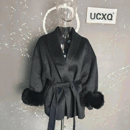 UCXQ Elegant OL Office Lady Overcoats Fur Patchwork Long Sleeve Woolen Coat Beautiful Women's Clothing Jacket Autumn 2025 Winter