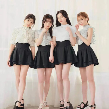 Lautaro Damen-Stufenminirock Frühling Sommer, Schwarz, Süß, Kawaii, Hohe Taille, Cutecore-Kleidung, Japanischer Modestil