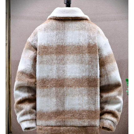 Retro Men's Woolen Coat Winter Add Velvet Keep Warm Jackets Classic Plaid Print Loose Casual Trench Blends Jacket Men Clothing