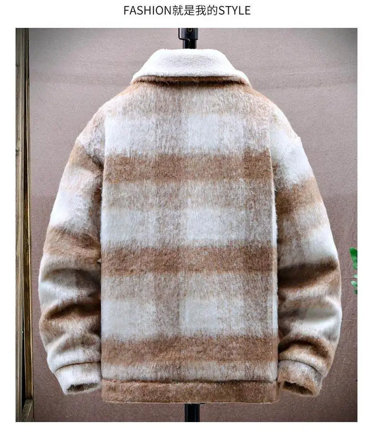 Retro Men's Woolen Coat Winter Add Velvet Keep Warm Jackets Classic Plaid Print Loose Casual Trench Blends Jacket Men Clothing