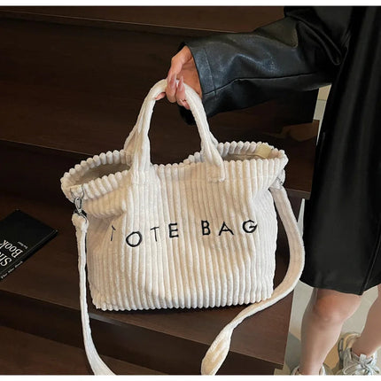 Large Capacity Striped Velvet Handbag Shoulder Bag for Woman Handbags Crossbody Bags, Versatile Letter Corduroy Women's Tote Bag PlatiNum