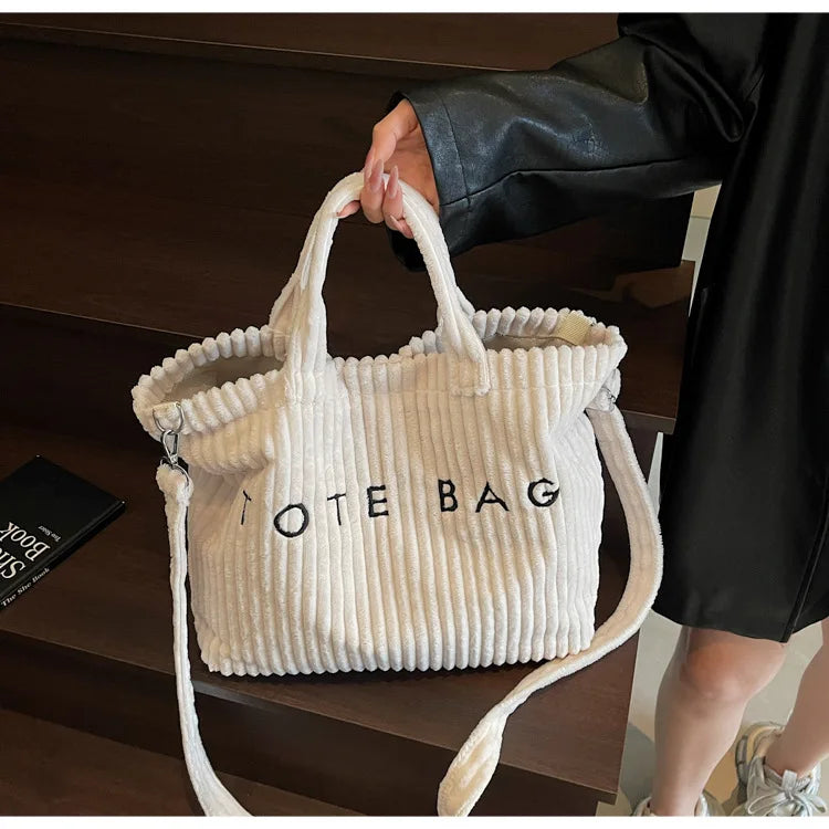 Large Capacity Striped Velvet Handbag Shoulder Bag for Woman Handbags Crossbody Bags, Versatile Letter Corduroy Women's Tote Bag PlatiNum