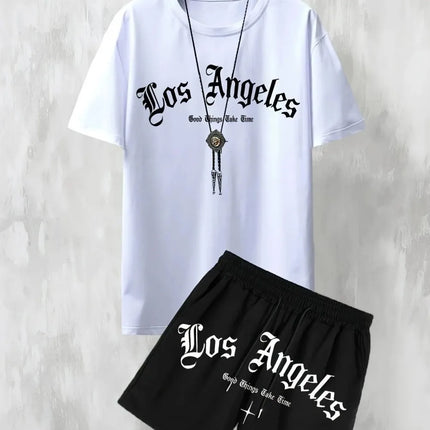 New Men's Casual Los Angeles Letter Print Comfortable and Breathable T-shirt Two-piece Outdoor Comfy Shorts Set