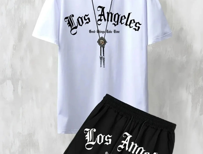New Men's Casual Los Angeles Letter Print Comfortable and Breathable T-shirt Two-piece Outdoor Comfy Shorts Set