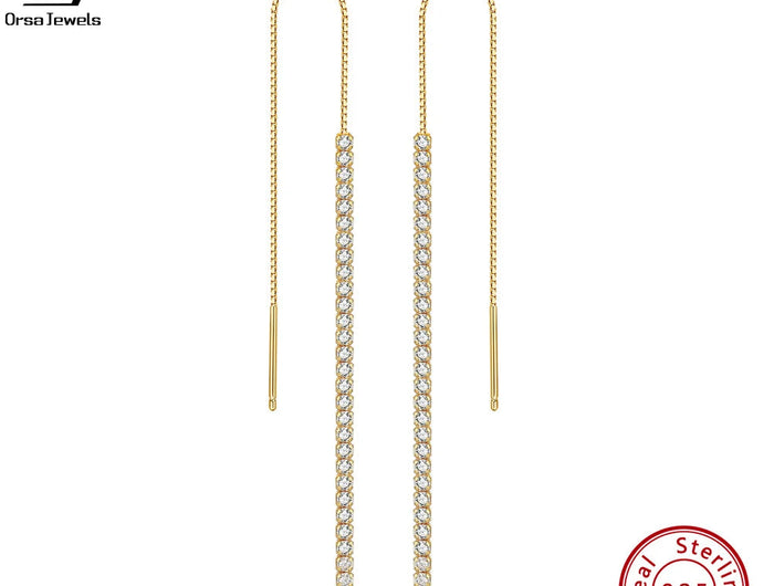 ORSA JEWELS 925 Silver Minimalism Dangle Long Chains Earrings for Women Vintage Cubic Zircon Drop Earings Jewelry Gifts SE111 PlatiNum