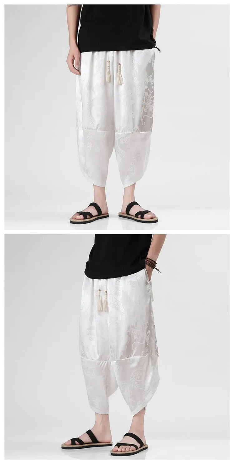 Pantaloncini in Seta Ghiaccio da Uomo, Stile Cinese, Estivi, Comodi, Pantaloni Harem Vintage Traspiranti, Tinta Unita, Lunghezza al Polpaccio