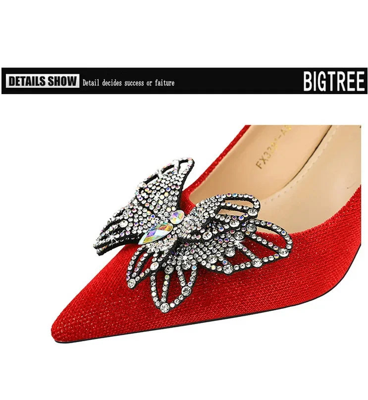 NUOVE Décolleté da donna con strass Tacchi alti a farfalla 10 CM Tacchi a spillo da donna in pelle scamosciata Scarpe da banchetto di lusso Scarpe da sposa di moda