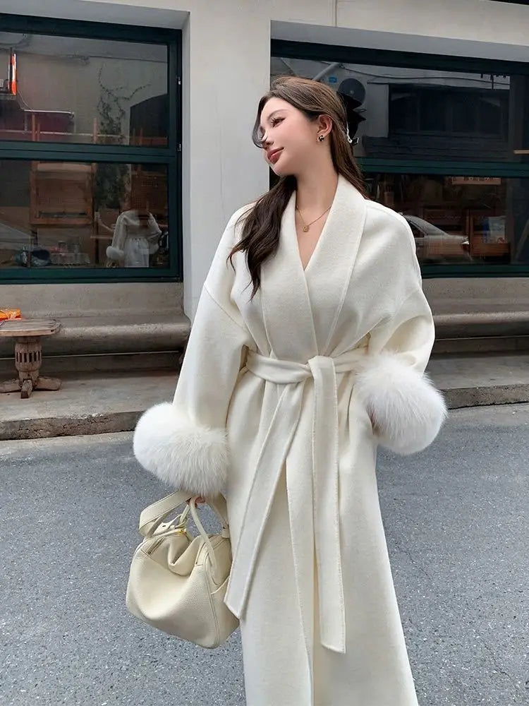 Lace Up Lapel Cashmere Wool Coat For Women's Winter Fashion Female Woolen Jackets Fur Long Sleeve Loose Overcoats