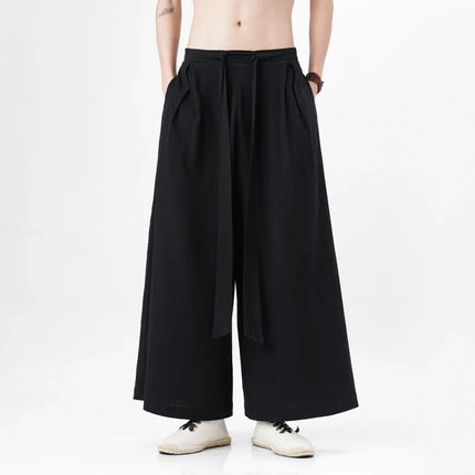 Pantaloni retrò in cotone e lino stile cinese Uomo Kimono estivo Pantaloni tradizionali in tinta unita Pantaloni casual a gamba larga streetwear maschile