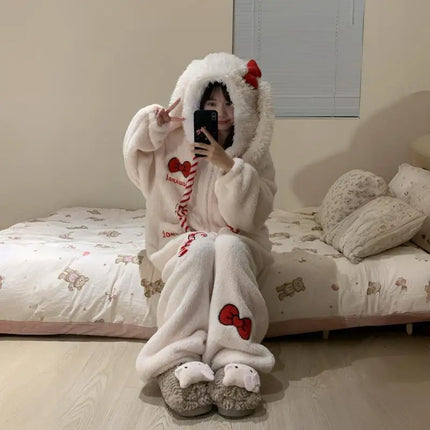 Thick Winter Pajamas Cute Coral Fleece Hooded Pajamas Y2K Kawaii Rabbit Anime Women's Pajamas Cartoon Warm Home Clothesnew Model