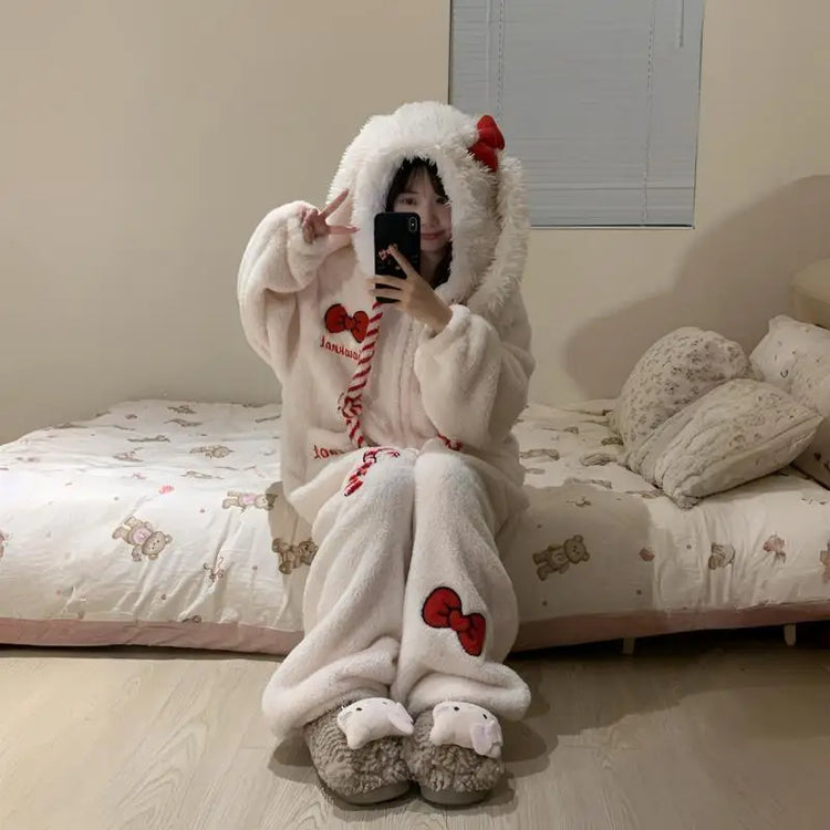 Thick Winter Pajamas Cute Coral Fleece Hooded Pajamas Y2K Kawaii Rabbit Anime Women's Pajamas Cartoon Warm Home Clothesnew Model