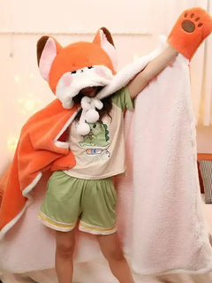Winter Cartoon Fox Thick Wearable Blanket Nap Cloak Nightgown Office Blanket Adult Cloak