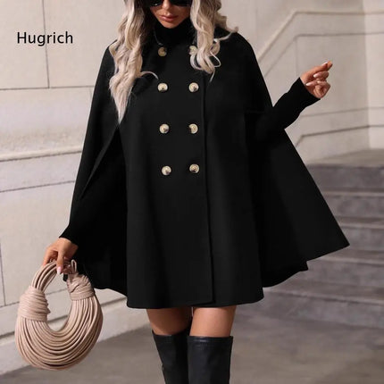 Ladies Mid Length Cape Coat Round Neck Double Breasted Metal Buttons Sleeveless Loose Cloak Outer Jacket For Party