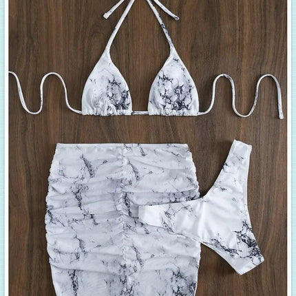 3 pezzi perizoma Bikini con gonna marmo texture costume da bagno donna costume da bagno Set costumi da bagno femminili abbigliamento da spiaggia nuoto estate platinumshop