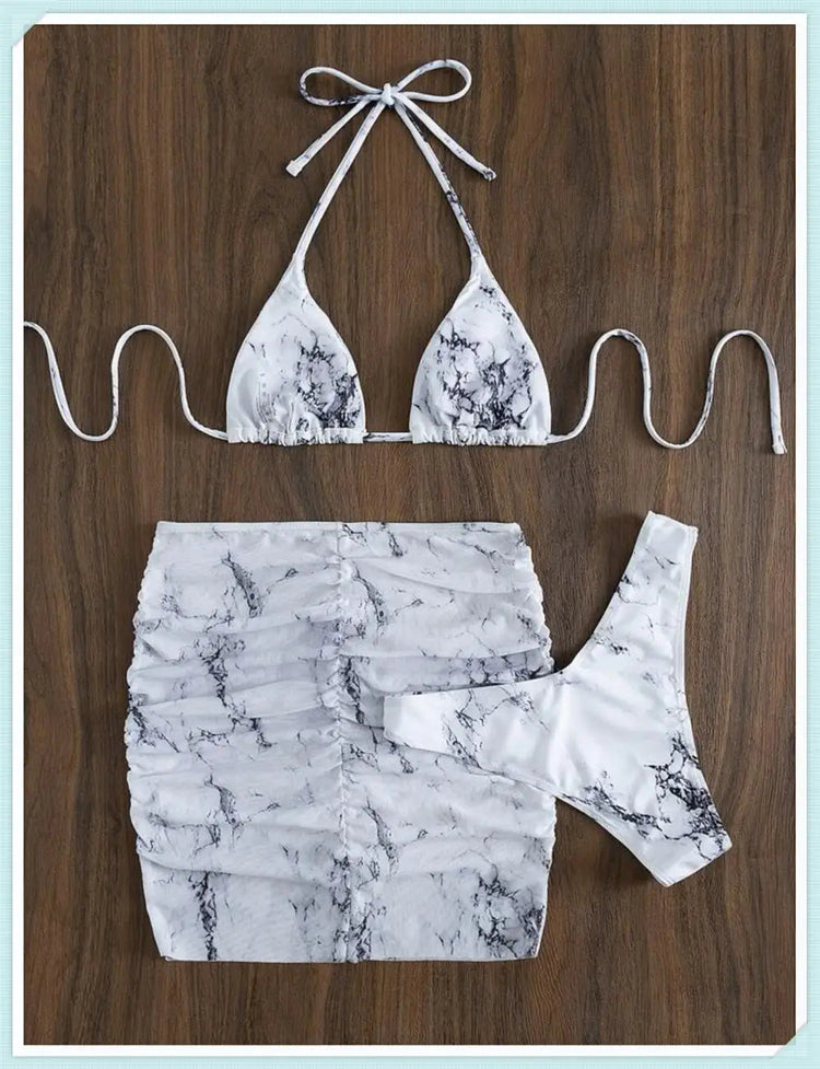 3 pezzi perizoma Bikini con gonna marmo texture costume da bagno donna costume da bagno Set costumi da bagno femminili abbigliamento da spiaggia nuoto estate platinumshop