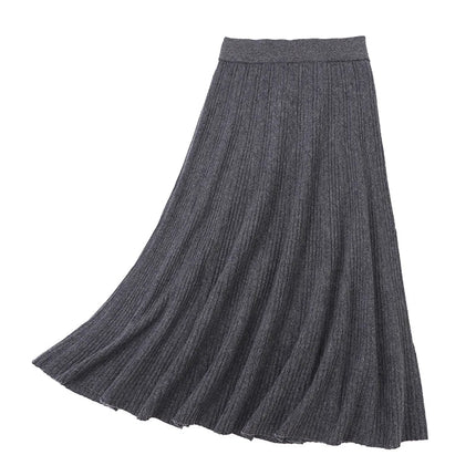 Women's 35% Cashmere 65% Wool Thickened Elastic-Waist Solid-Color Pleated Skirt, Warm & Slim-Fit PlatiNum
