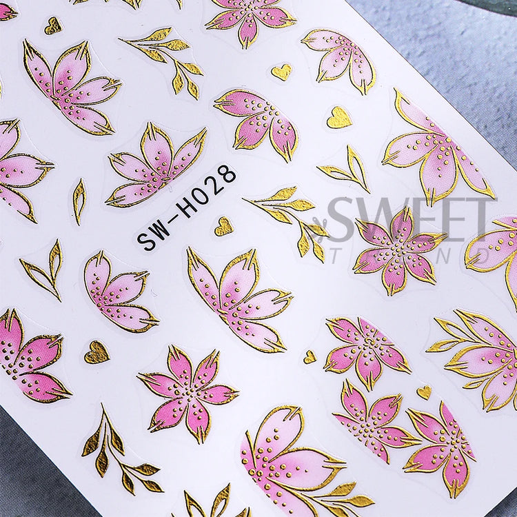 2/3pcs Golden Pink Hibiscus Flower Nail Stickers 3D Bronzing Border Petals Sakura Line Sliders Nail Decals DIY Manicure Decor