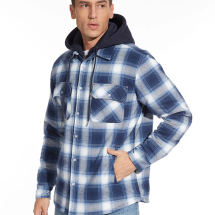 TACVASEN Men's Flannel Shirt Jacket with Removable Hood Plaid Quilted Lined Winter Coats Thick Hoodie Outwear Man Fleece Shirts