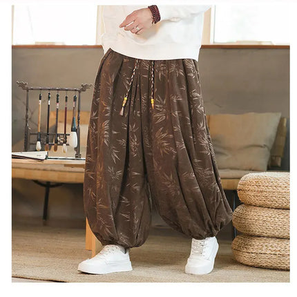 Pantaloni di alta qualità per uomo stile cinese fiore scuro velluto a coste Bloomers casual elastico in vita moda pantaloni larghi a gamba larga maschile