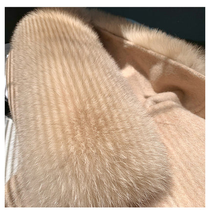 2024 New Oversize Ladies Outerwear Real Fur Coat Winter Jacket Women Natural Fox Fur Collar Cuffs Hood Cashmere Wool Woolen