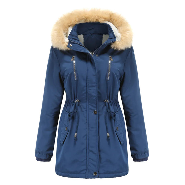 Women's Winter Coat Warm Fleece Lined Parka Detachable Faux Fur Hood Padded Jacket Slim Waist Thick Sherpa Loose Cotton Outwear