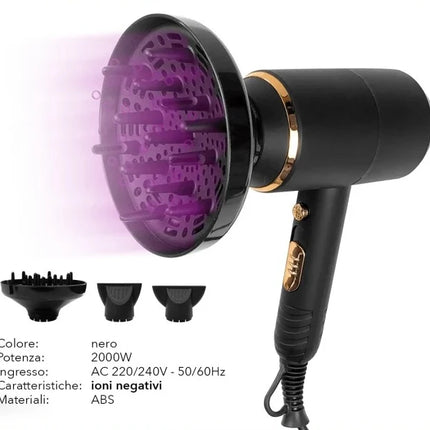 Professional Hair Dryer 2000W with Diffuser, Negative Ion Hair Dryer, 220-240V 50/60Hz, Black