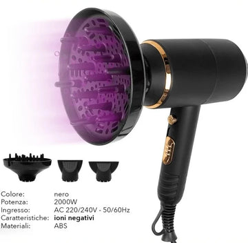 Professional Hair Dryer 2000W with Diffuser, Negative Ion Hair Dryer, 220-240V 50/60Hz, Black