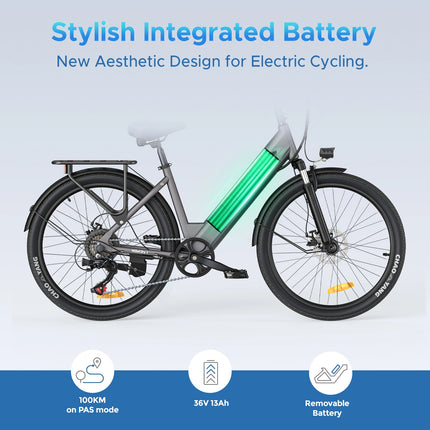 HillMiles MileCity 1 Bicicletta Elettrica Step-Through da 26 Pollici, E-Bike con Autonomia di 120 km, Motore da 250W, Batteria 36V 13Ah, 25 km/h, Cambio a 7 Velocità, Freni a Disco, Bici Elettrica per Pendolarismo Urbano, Sp
