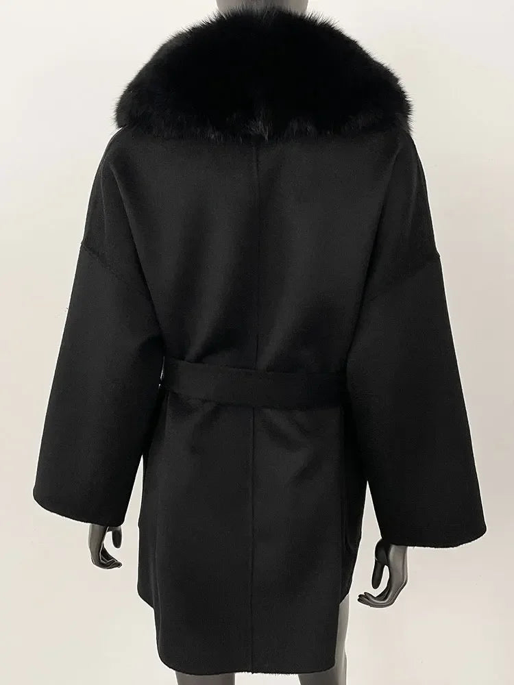 CXFS 2025 Winter Fashion Women Double-sided Wool Cashmere Coat with Detachable Natural Fox Fur Collar New design suit collar