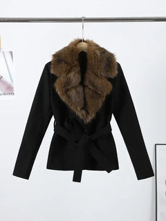 Casual Patchwork Faux Fur Collar Women's Coat Lace Up Pockets Thicken Lady Coats 2026 Autumn Winter Female Street Outerwear