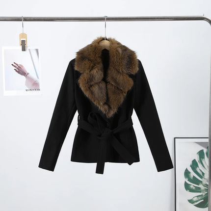 Casual Patchwork Faux Fur Collar Women's Coat Lace Up Pockets Thicken Lady Coats 2026 Autumn Winter Female Street Outerwear